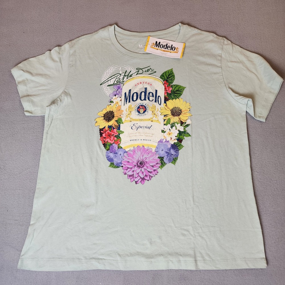 Modelo Especial Beer Floral Graphic T-Shirt Sage Green NWT Medium